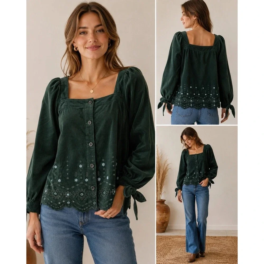 Madewell Green Eyelet Corduroy Button Front Top Women S Excellent